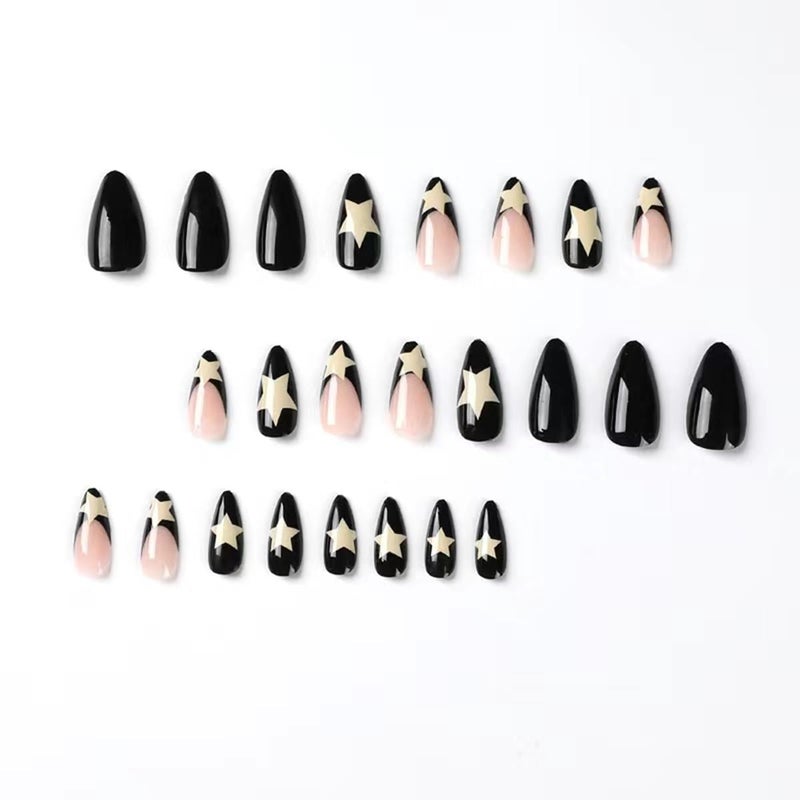 CTTHNBD Medium Almond Press on Nails Black Fake Nails White Star False Nails with French Tip Design for Women Manicure 24Pcs - Image 2